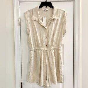 Beige Linen Blend Short Sleeve Romper with Button Front Drawstring Waist Size L